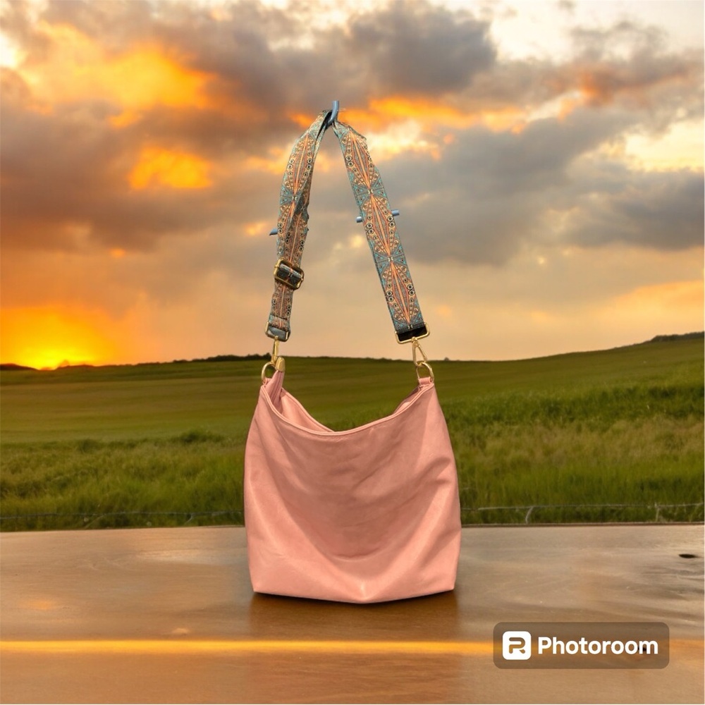 Pink blush boho bag with beautiful peacock print strap.